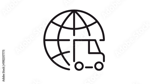 Global shipping and international logistics vector icon illustration featuring a delivery truck in front of a world globe symbol, representing worldwide transport, export, and import services.