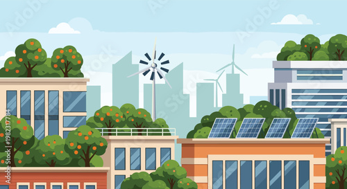 Sustainable urban development featuring green architecture with solar panels and wind turbines for clean energy production.