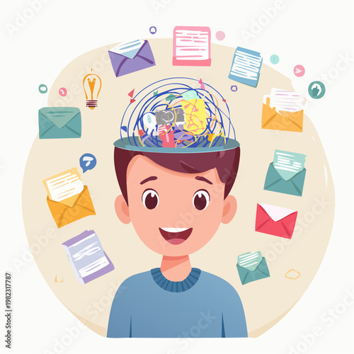 Mental Overload Concept Illustration with Cute Character Surrounded by Task and Message Icons
