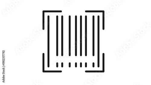 Minimalist black barcode scanner vector icon illustration, featuring vertical lines and corner frame brackets for retail commerce, inventory management, and digital identification technology.
