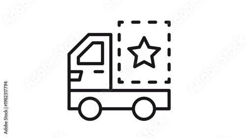 Premium delivery truck vector icon illustration with star symbol in dashed box, representing priority shipping, VIP logistics, special cargo transport, and high-quality courier service symbol.