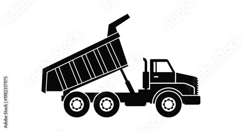 A black silhouette of a dump truck with a raised bed silhouette