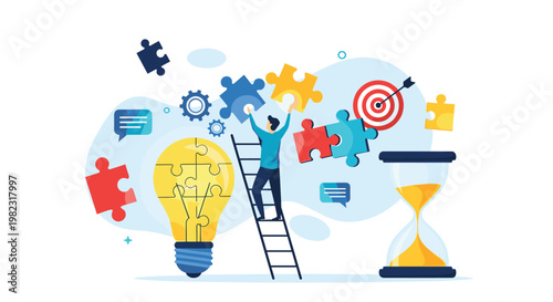 Strategic thinking and problem solving illustrated by a professional assembling a creative idea under time constraints.