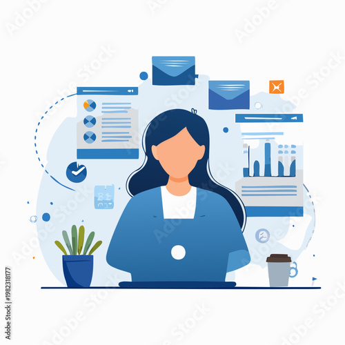 Modern Vector Illustration of Employee Overwhelmed by Data, Charts, Notifications and Deadlines