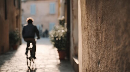 Person riding a bicycle on a narrow street. the person is wearing a black jacket and pants and is pedaling on the cobblestone pavement.