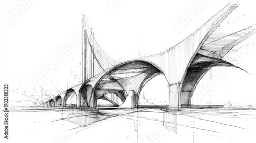Sketchy a modern cable-stayed bridge with arches on white background for architecture and engineering concepts