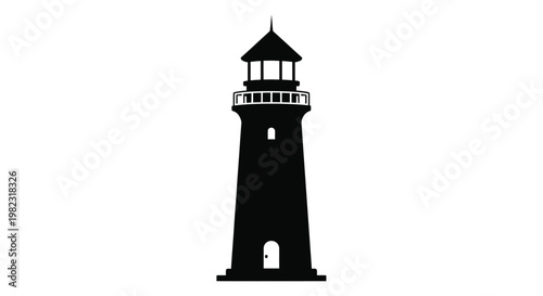 A striking black lighthouse stands tall against a white background silhouette