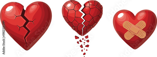 Broken and Patched Heart Icons Set Featuring Cracked Hearts, Fractured Designs, and Healing Symbols for Websites, Apps, and Digital Media