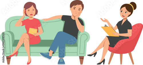 Couple therapy session illustration, psychologist consulting man and woman, mental health vector design concept