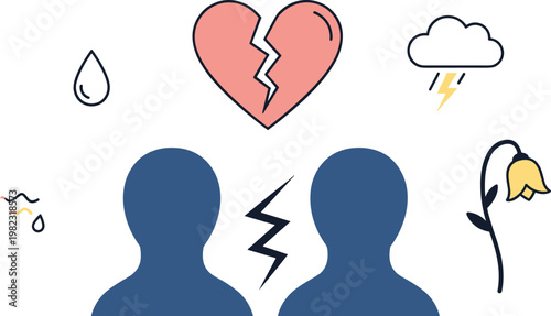 Broken Relationship and Emotional Distress Icons Set Featuring Broken Heart, Tears, Storm, and Separation Symbols for Websites, Apps, and Digital Media