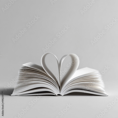 Open book with pages shaped like a heart on a grey background, symbolizing love for reading and knowledge