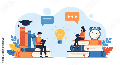 Students gaining knowledge while sitting on stacks of books with a glowing lightbulb representing a new creative idea.