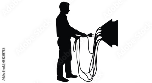 A male silhouette graphic design demonstrating the act of plugging in various electrical power cords.