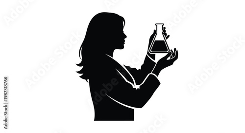 A scientist examines a liquid in a flask black silhouette