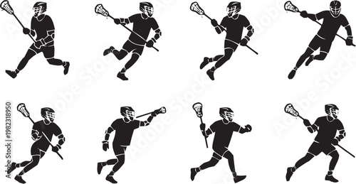 Lacrosse team icon set. Vector pictograms of athletes, sticks, ball, sport, game, competition, training, exercise, leisure, activity, match. Vector illustration isolated on transparent background