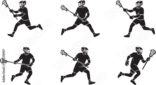 Lacrosse action icon set. Vector pictograms of athlete, swinging, stick, ball, sport, game, competition, training, exercise, leisure, activity, match. Vector illustration isolated on transparent backg