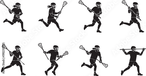 Lacrosse team icon set. Vector pictograms of athletes, passing, shooting, stick, ball, sport, game, competition, training, exercise, leisure, activity, match. Vector illustration isolated on transpare