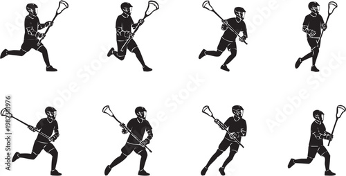 Lacrosse player icon set. Vector pictograms of athlete, running, stick, ball, sport, game, competition, training, exercise, leisure, activity, match. Vector illustration isolated on transparent backgr