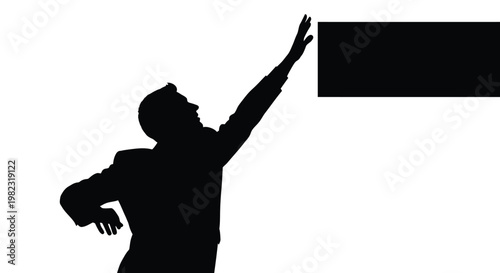 Professional businessman silhouette reaching for a blank rectangular box in this clean flat vector graphic design