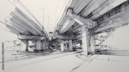 Sketchy drawing of highway overpass with pillars on empty road for urban infrastructure concepts