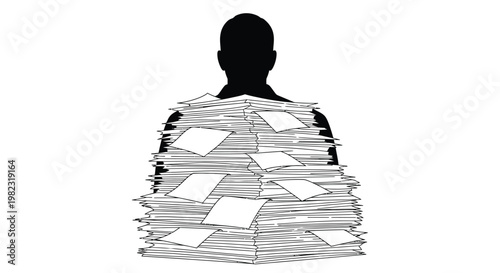 Business professional silhouette overwhelmed by a very large and high stack of important white paper documents