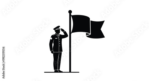 Military salute before a waving flag a striking black silhouette