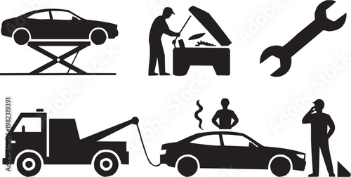Automotive repair icon set. Vector pictograms of car hood, mechanic, service, maintenance, tools, garage, repair, vehicle, engine, fix, workshop, gear, labor. Vector illustration isolated on transpare