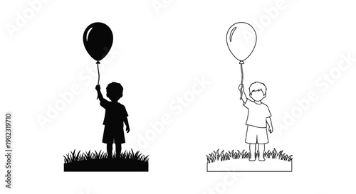 Children reaching for balloons in a simple black and white silhouette