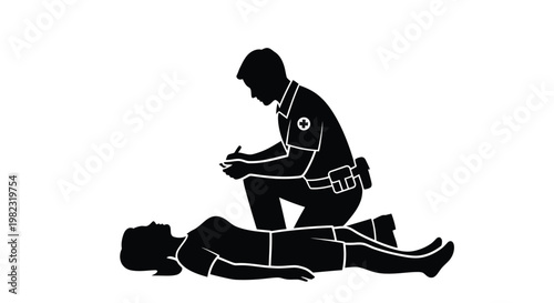 Paramedic assisting injured person a striking black silhouette