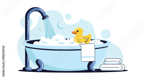 Relaxing bathroom scene featuring a blue clawfoot bathtub filled with soap bubbles and a yellow rubber duckling toy.