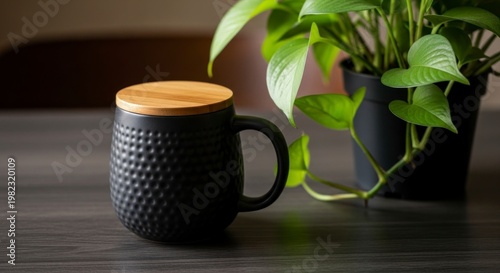 Serene Still Life with a Textured Black Mug, Wooden Lid, and Green Pothos Plant