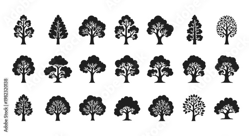 Collection of various tree silhouettes.