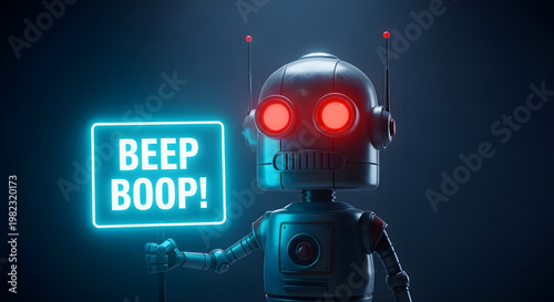 A retrostyle robot with glowing red eyes holding a neon sign that says beep boop against a dark, moody blue background