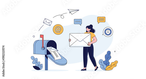 Traditional mail and communication concept featuring a woman holding a large envelope and placing it in a mailbox.