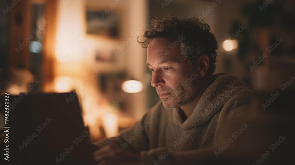 Obraz premium Middle-aged man sitting at a table with a laptop in front of him. he is wearing a grey hoodie and has curly hair and a beard.