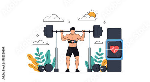 Fitness tracking and strength training illustration showing a man lifting a barbell with a heart rate monitor display.