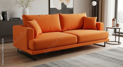 Chic Minimalist Interior Featuring a Striking Orange Sofa on a Sleek Black Frame