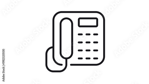 Minimalist black vector icon illustration of a desk telephone or landline phone with handset, keypad buttons, and display screen, perfect for business communication and office technology.