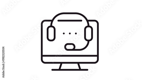 Customer support vector icon featuring a computer monitor and a headset with a microphone. Minimalist black line art illustration for online help, call center, technical assistance, and service.