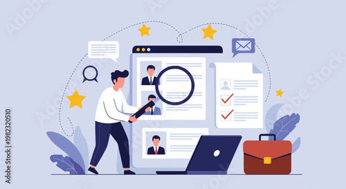 Recruitment manager carefully reviewing job applicant profiles and resumes on a digital platform for talent acquisition.