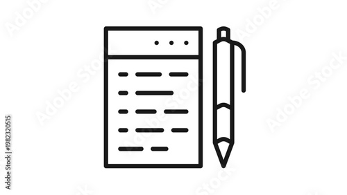 Black vector icon of a notepad with lines and a pen on the side, minimalist illustration of a notebook and writing tool, scalable symbol for office, education, and business documentation.
