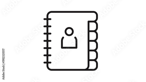 Minimalist address book vector icon illustration, black line art symbol of a contact directory with spiral binding and index tabs, professional organizer graphic for business and communication.