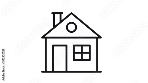 Minimalist black line art vector icon of a simple residential house with a chimney, triangular roof, circular attic window, front door, and a four-pane window, isolated on white background.