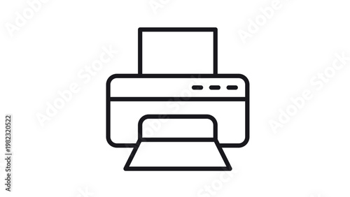 Black line vector icon illustration of a printer with paper tray and document output, minimalist office equipment symbol for printing digital files and paperwork, isolated on white background.