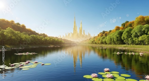 Ethereal Golden City Rising Beyond a Tranquil Lake with Pink Water Lilies