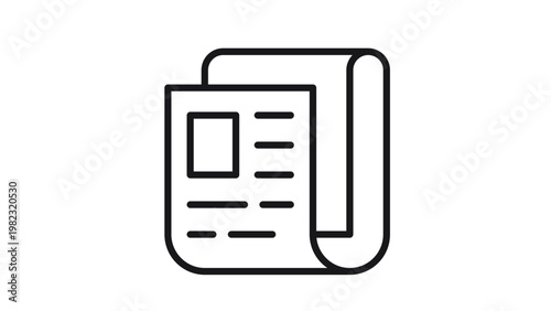 Black line vector icon of a folded newspaper or journal with text lines and image placeholder, minimalist symbol for news, media, press, and journalism, scalable graphic illustration.
