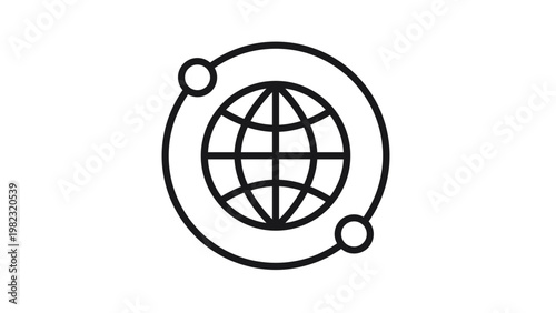 Global network and connectivity vector icon featuring a minimalist black line illustration of an earth globe with an orbiting ring and satellite nodes, perfect for technology and web design.