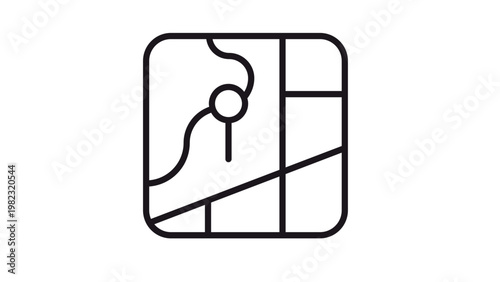 Minimalist black line vector icon of a city map with a location pin marker, representing navigation, GPS tracking, travel directions, and destination finding for mobile apps and web design.