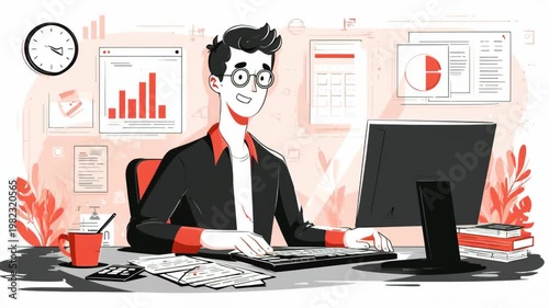 Young Man Working Remotely at a Desk with Performance Charts