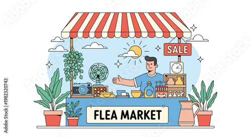 Cheerful vendor selling vintage goods and antiques at a sunny outdoor flea market to local customers and tourists.